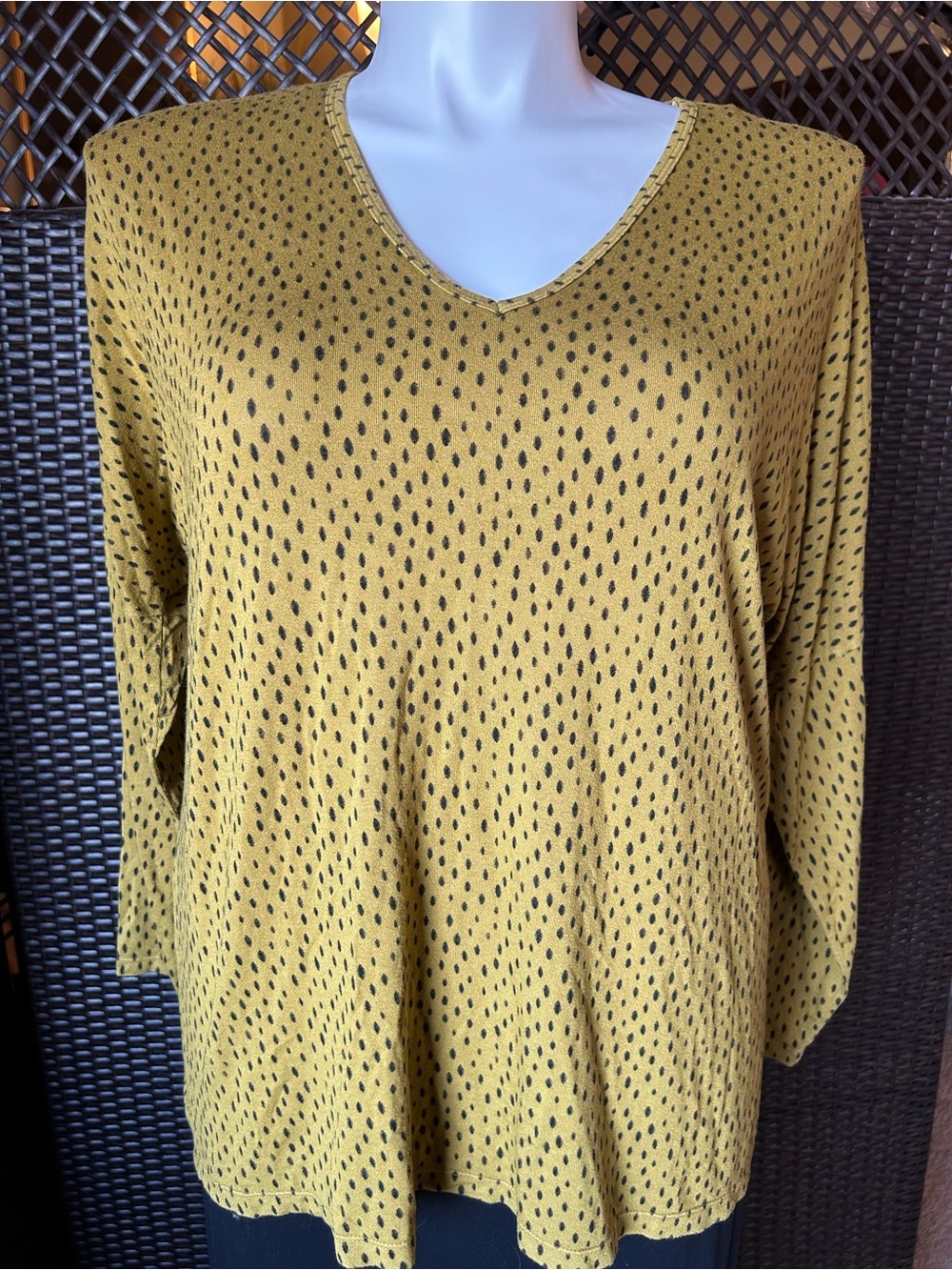 XCVI Mustard V-Neck Long Sleeve Top with Black Dot Print NWT